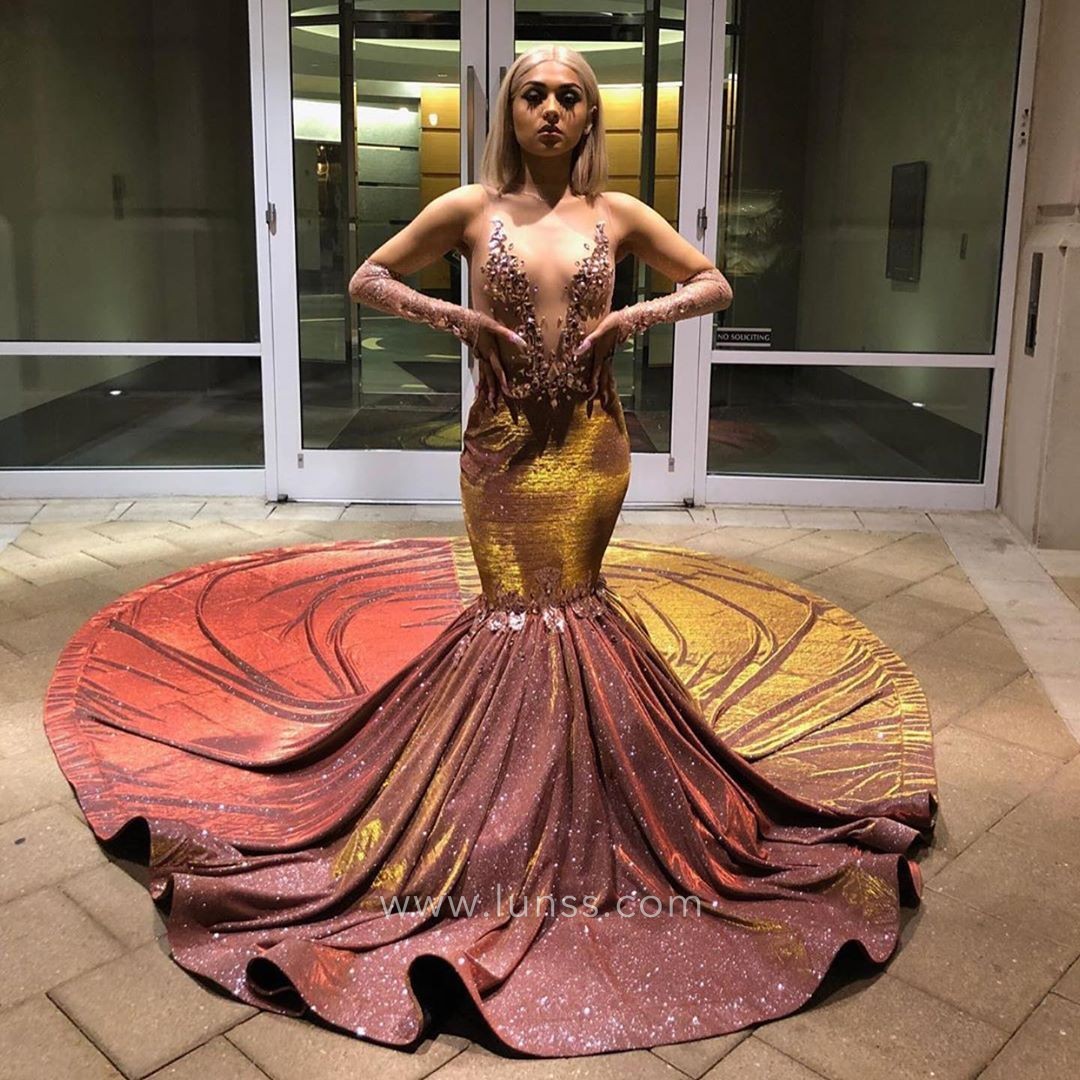 sexy sheer mahogany long train african american prom gown