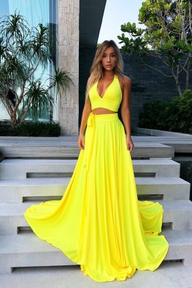 sexy two piece bright yellow long train prom dress