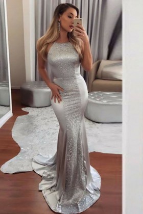 silver glitter shiny satin slim mermaid evening prom gown