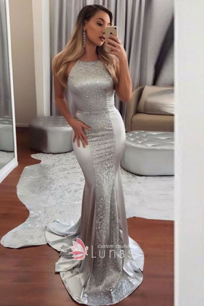 silver glitter shiny satin slim mermaid evening prom gown