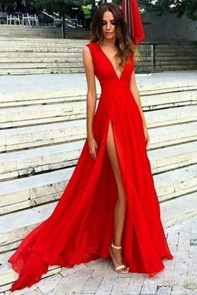 simple yet sexy v neckline red chiffon slit long dress