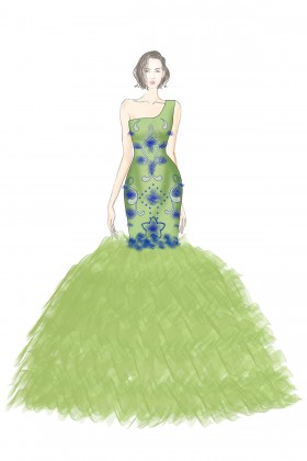 sketch of ruffled trumpet green dress with blue appliques
