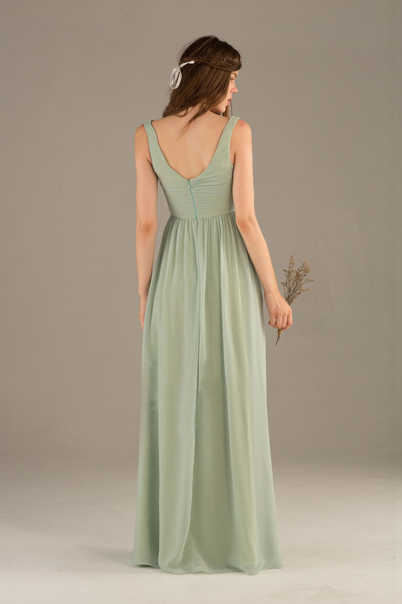 sleeveless V back sage chiffon bridesmaid dress