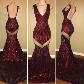 sparkly burgundy sequin sheer cut out mermaid prom dress