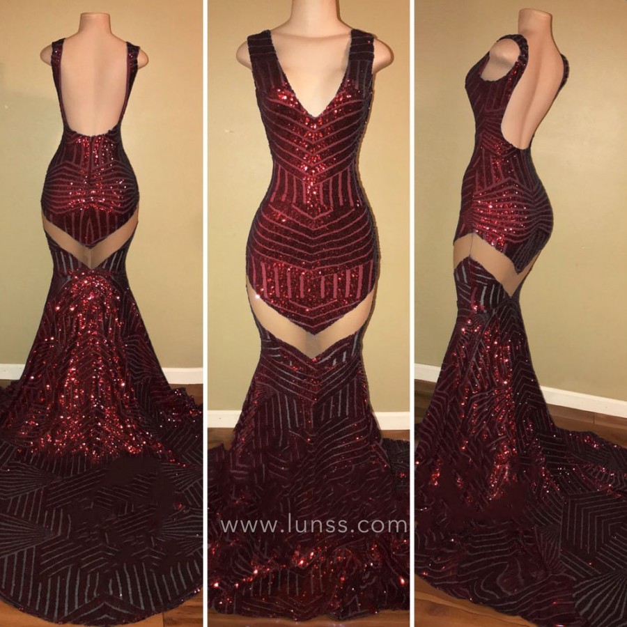 sparkly burgundy sequin sheer cut out mermaid prom dress