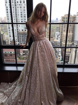 sparkly glitter plunging neckline designer long prom gown