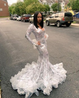 sparkly silver sequin ruffled organza long prom dress