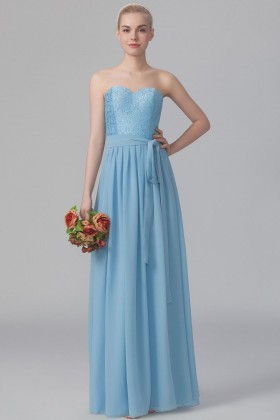 strapless blue lace and chiffon a line bridesmaid dress