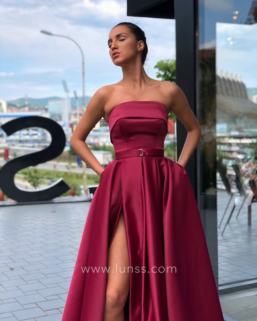 strapless sleek wine satin prom dress