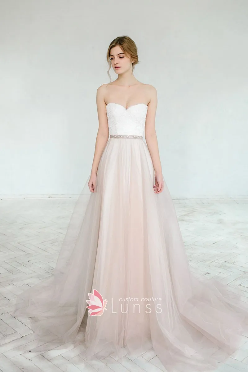 strapless sweetheart ivory lace wedding dress with nude pink tulle overlay strapless sweetheart ivory lace wedding dress with nude pink tulle overlay