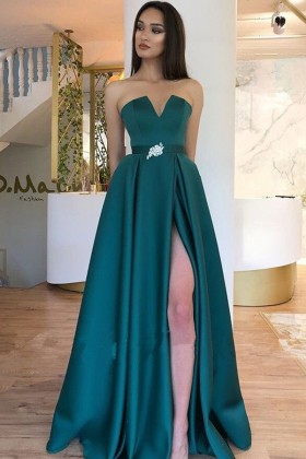 strapless v cut peacock green satin a line prom dress