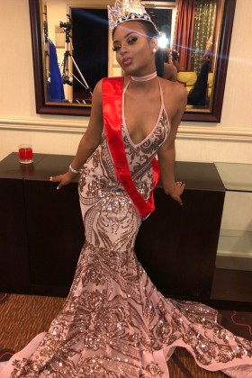 stunning rose gold sequin halter v neck pageant dress