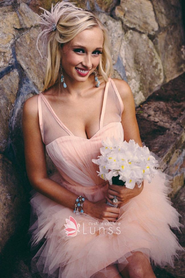 sweetheart V neck peach tulle short dress