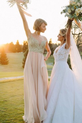 taylor swift lace and chiffon pearl pink bridesmaid dress