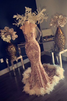 unique pattern rose gold sequin feather mermaid prom gown