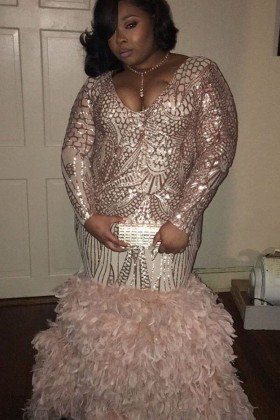 unique rose gold sequin trumpet feather plus size dress