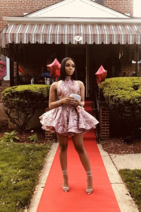 unique rose pink sequin and tulle sexy short prom dress