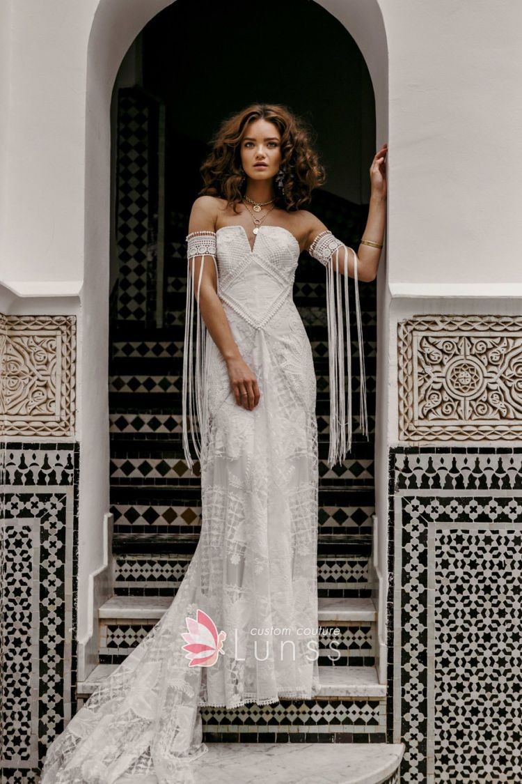 unique tassel sleeve lace long boho wedding dress