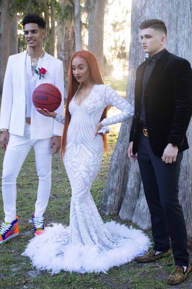 unique white sequin feather prom gown