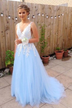 white lace v neckline sky blue tulle a line formal dress
