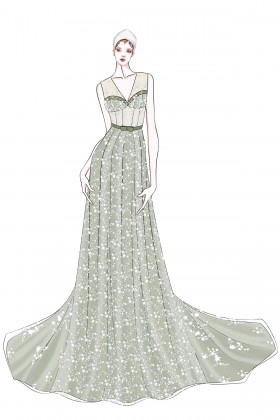 white stars lace green evening dress sketch