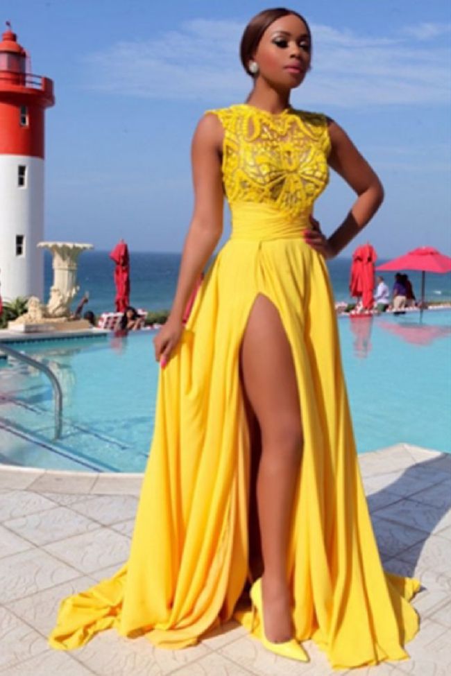 yellow lace and jersey slit prom dress