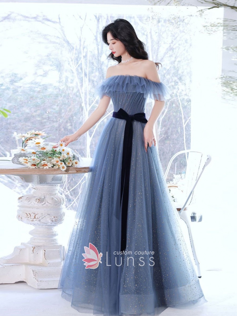 DDreamdressy Dusty Blue Tulle Bow Tie Shoulder Ruffle Long Prom Dress Dusty Blue / US 6