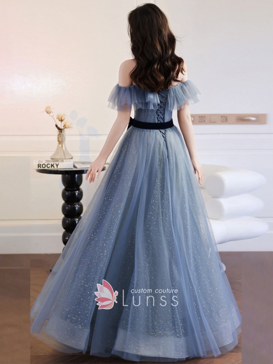 Gold glitter embellished dusty blue tulle overlaid A line long fairytale formal dress