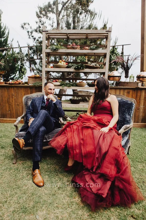 amazing burgundy orgnaza wedding dress