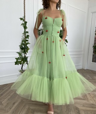 apple green tulle cherry decorations tea length dress