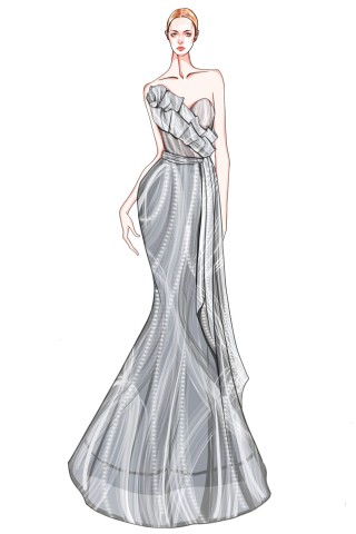 asymmetrical 3d ruffled silver gray mermaid dress sketch