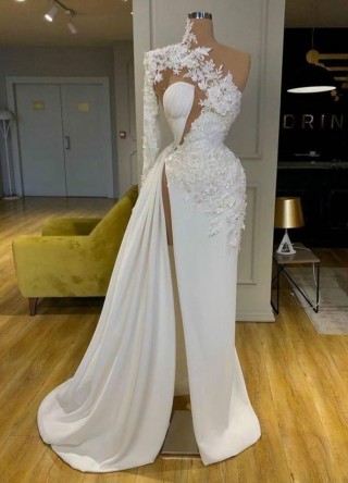 asymmetrical illusion lace single sleeve split prom dress