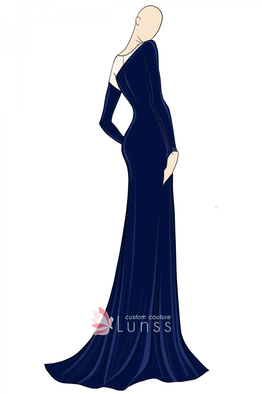 Asymmetrical Cut-out Navy Blue Evening Dress Sketch - Lunss