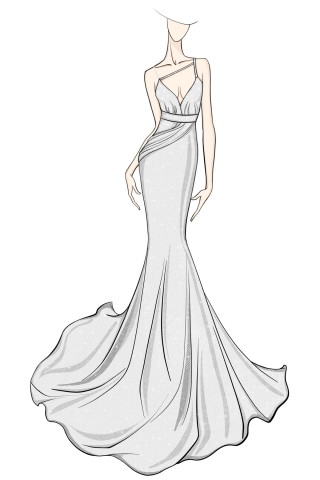 asymmetrical straps gray sequin mermaid dress sketch