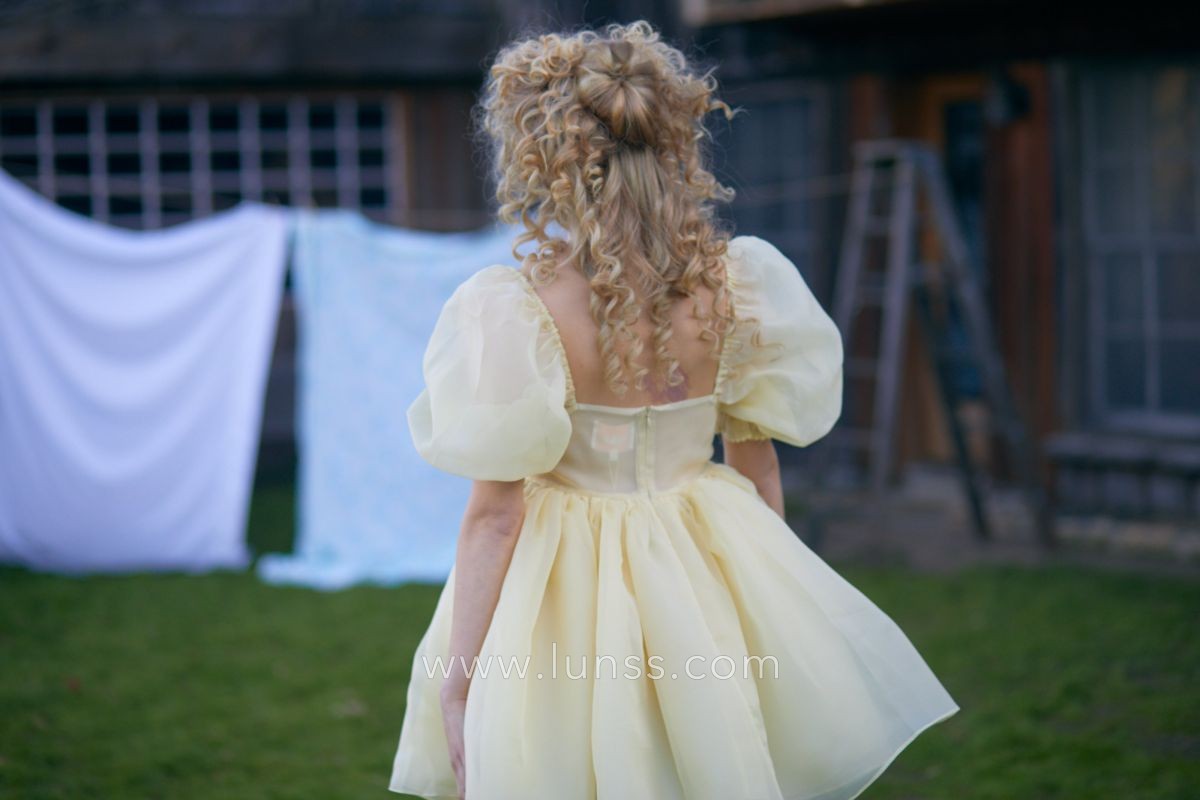 banana yellow organza short cute party dress