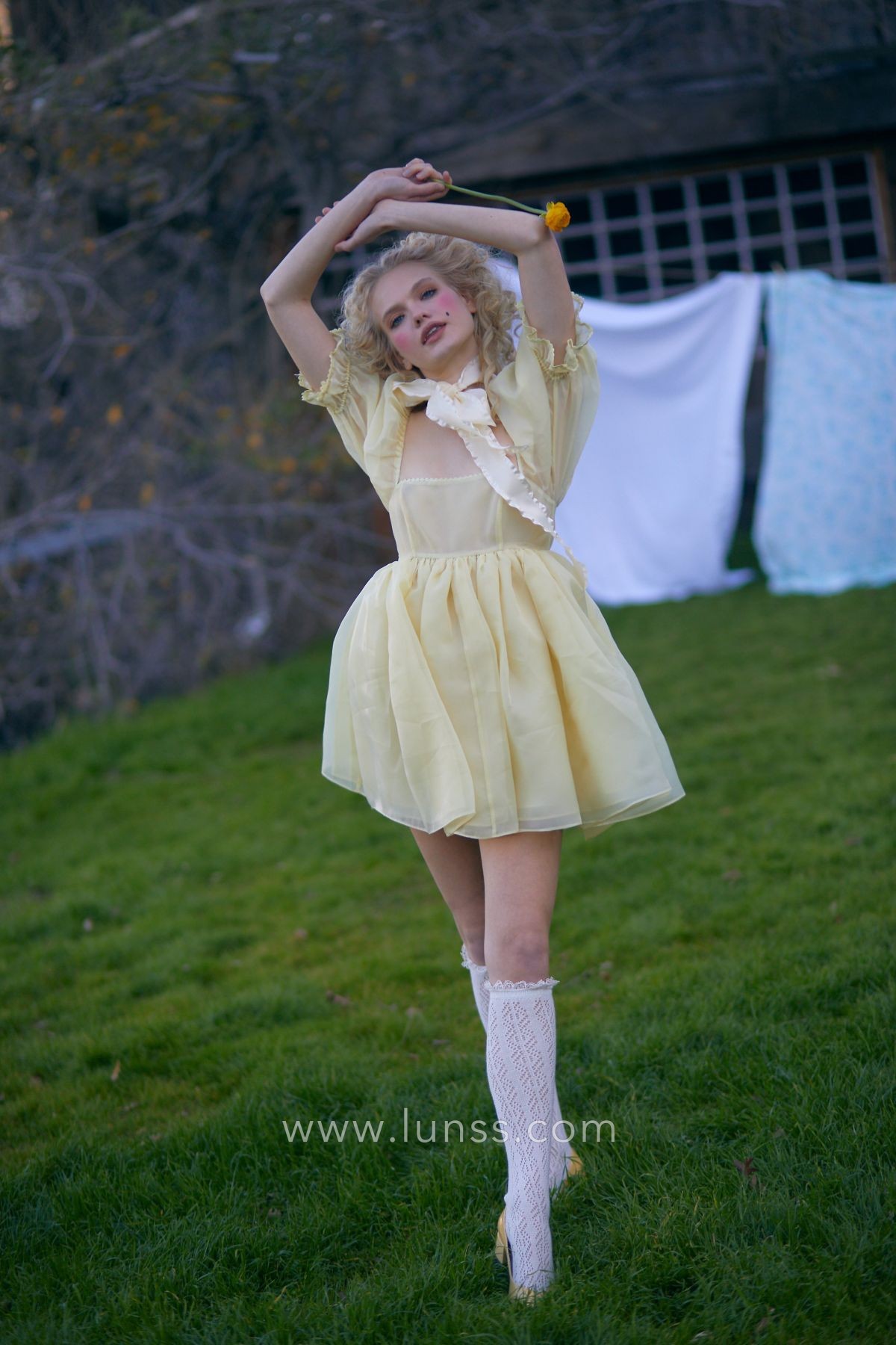 banana yellow organza short puff sleeve dress