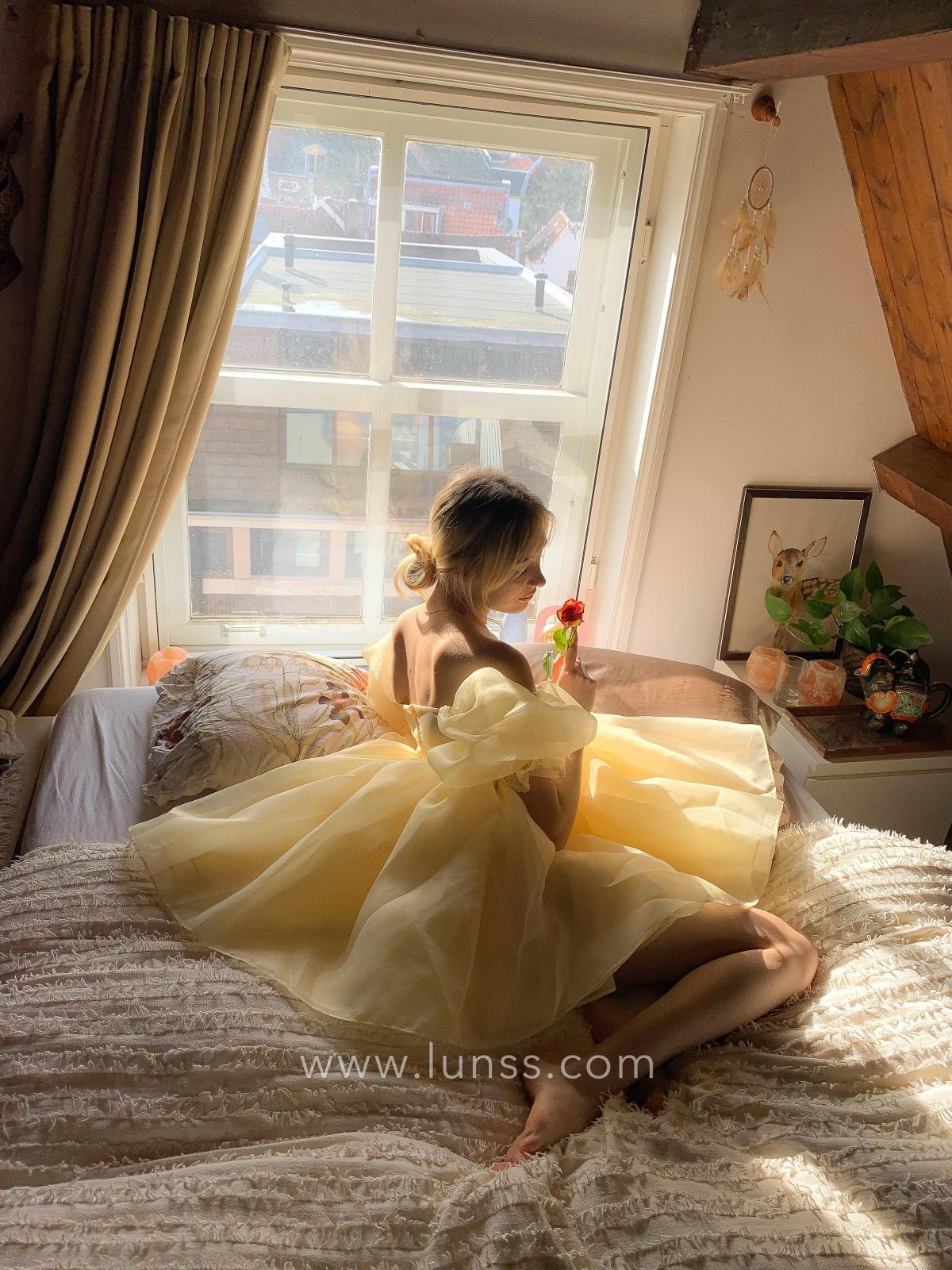 banana yellow organza short puff sleeve short cute party dress
