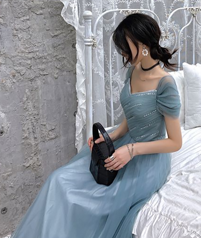 beaded dusty blue tulle cap sleeve gown
