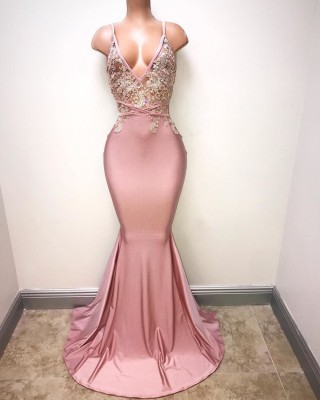 beaded rosy pink lace deep v neck mermaid prom dress