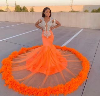 beads tassels orange prom dress with feather long train