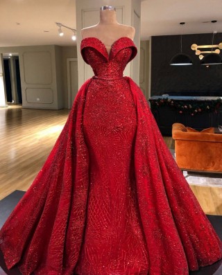 bedazzled red glitter overskirt slim mermaid prom dress