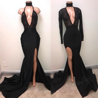 black beaded plunging neckline mermaid slit long dress