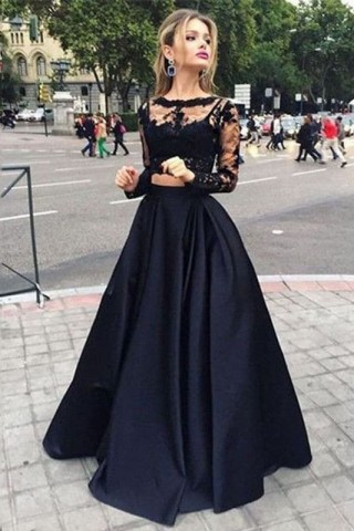 black illusion sleeve two piece a line prom dress