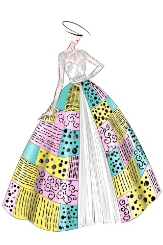 blue yellow pink multi color block ball gown sketch