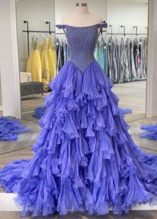 Lunss Scattering Feather Appliqued Purple Tulle Ball Gown Dress