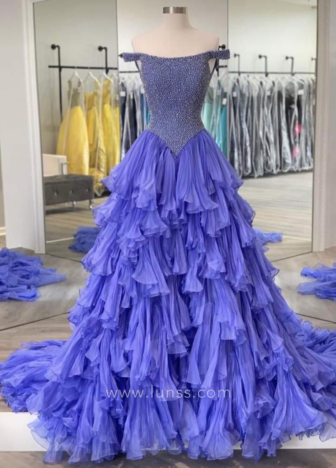 bluish violet ruffled beaded off the shoulder prom dress bluish violet ruffled beaded off the shoulder prom dress
