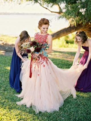 burgundy blossom blush tulle picnic autumn wedding dress