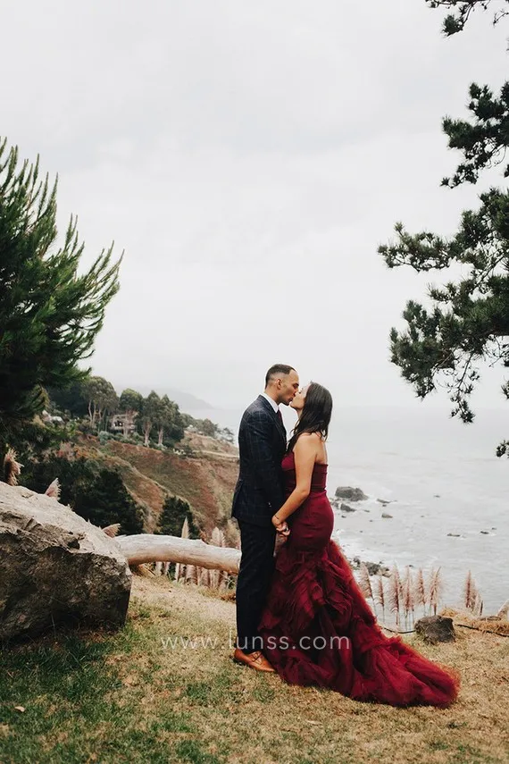 burgundy satin and organza outdoor bridal dress