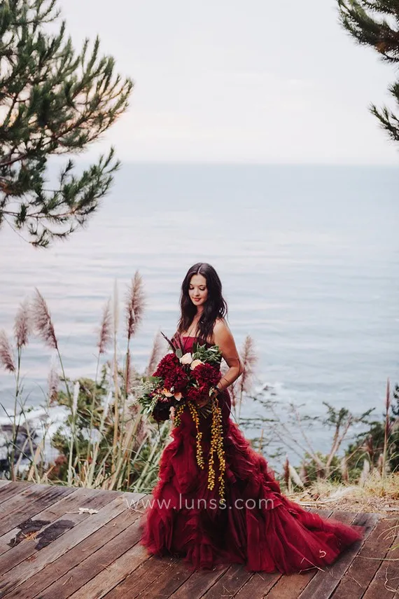 burgundy satin organza wedding dress