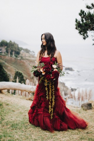 burgundy satin tiered organza destination wedding dress
